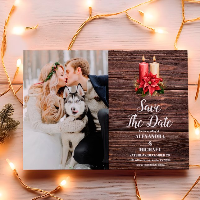 Photo Rustic Wood Poinsettia Christmas Wedding Save The Date (Creator Uploaded)