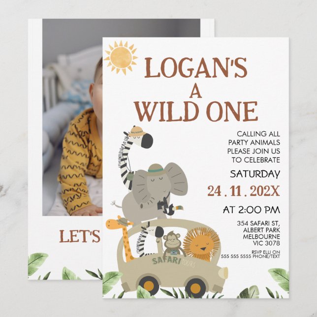 Photo Safari Bus Boys Wild One Birthday Invitation (Front/Back)