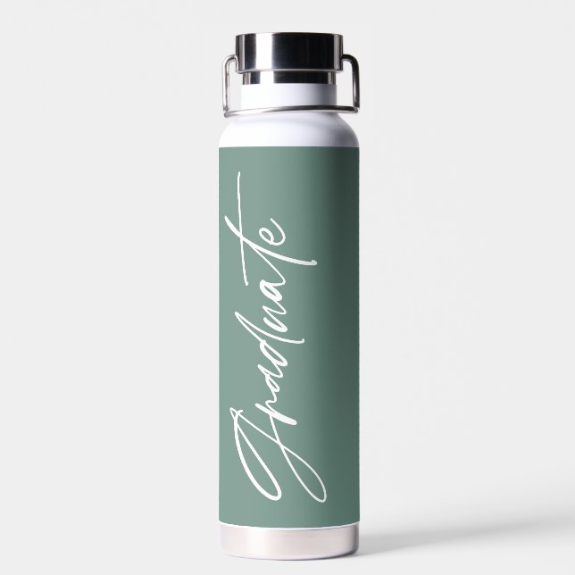 Photo sage green graduation script modern elegant water bottle (Back)
