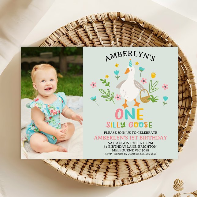 Photo Sage One Silly Goose 1st Birthday Invitation (One Silly Goose Birthday Invitation Template, First Birthday Themed Birthday Invitation Girl)
