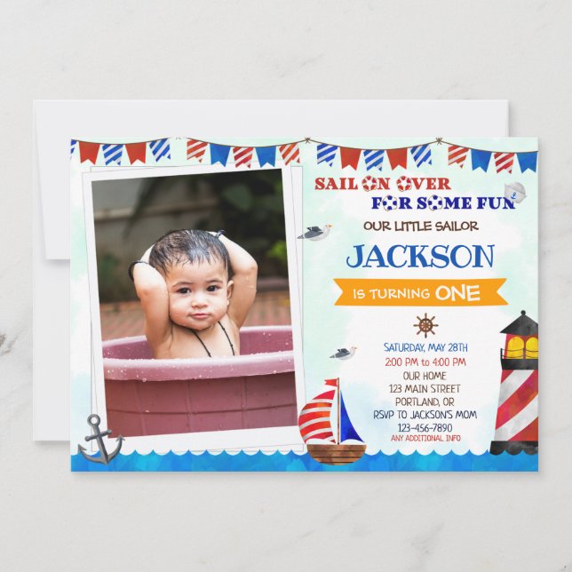 Photo Sailor birthday invitation Boy 1st birthday (Front)