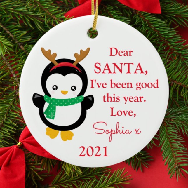 Photo Santa I've Been Good Penguin Christmas Ceram Ceramic Ornament (Creator Uploaded)