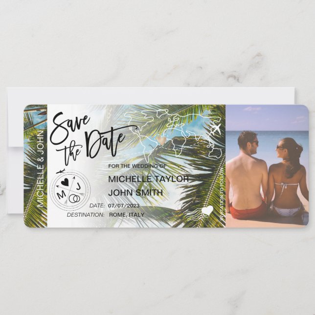 Photo Save the Date Boarding Pass Palm  Invitation (Front)