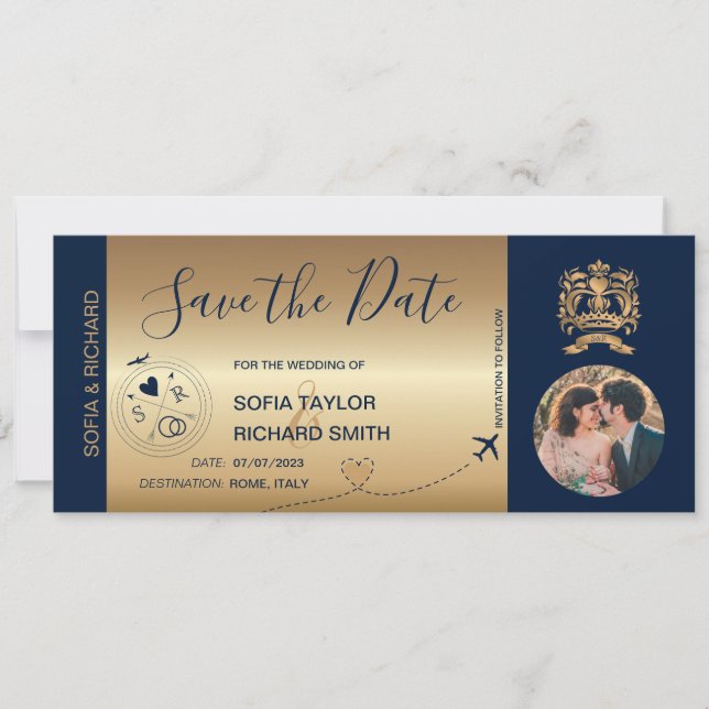 Photo Save the Date Boarding Pass Ticket Gold Invitation (Front)