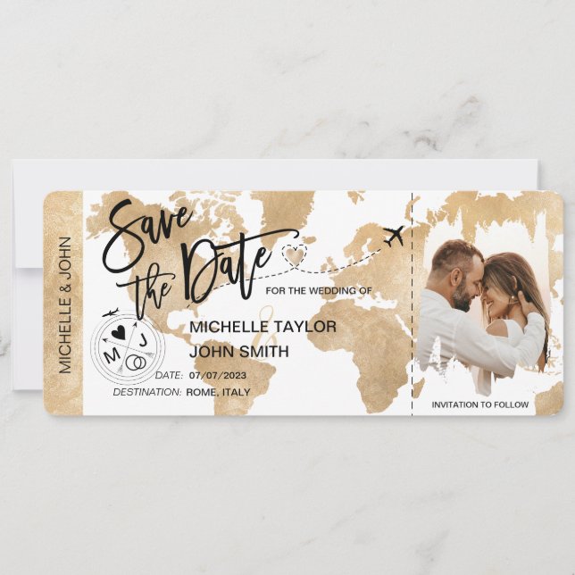 Photo Save the Date Boarding Pass World Map Invitation (Front)