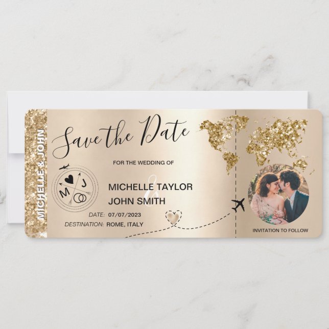 Photo Save the Date Boarding Pass World Map Invitation (Front)