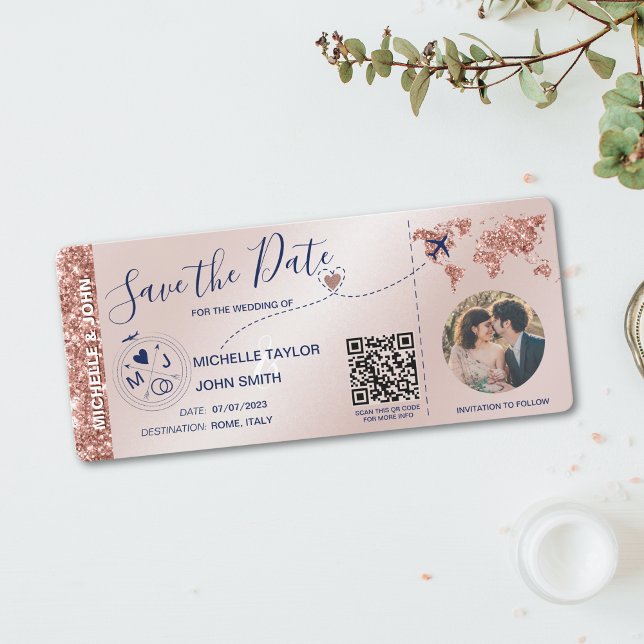 Photo Save the Date Boarding Pass World Map QR Invitation (Creator Uploaded)