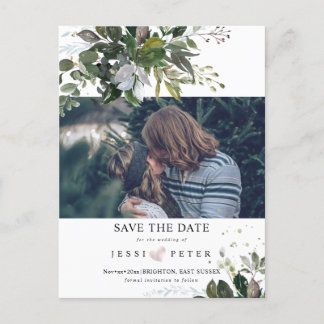 Photo Save the Date, Boho Blue Gum Eucalyptus Announcement Postcard