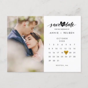 Photo Save the Date Calendar Elegant Gold Heart Announcement Postcard
