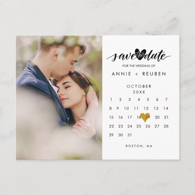 Photo Save the Date Calendar Elegant Gold Heart Announcement Postcard (Front)