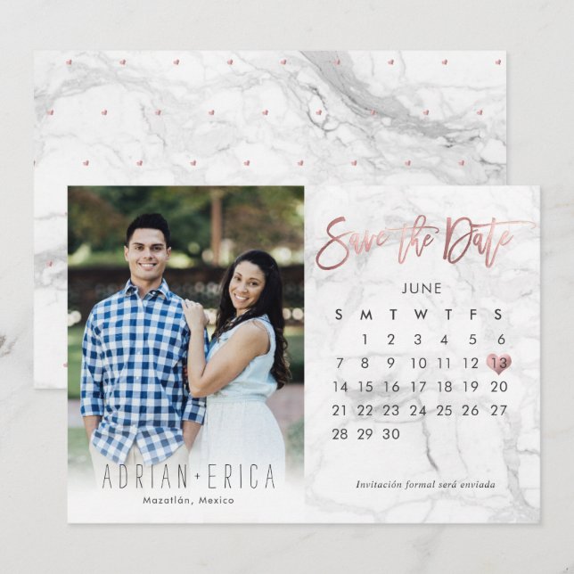 Photo Save the Date Calendar Marble Rose Gold Invitation (Front/Back)