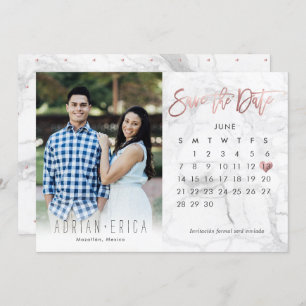 Photo Save the Date Calendar Marble Rose Gold Invitation