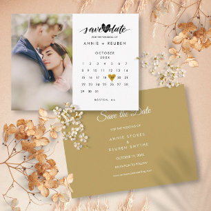 Photo Save the Date Calendar Wedding Gold Heart Postcard