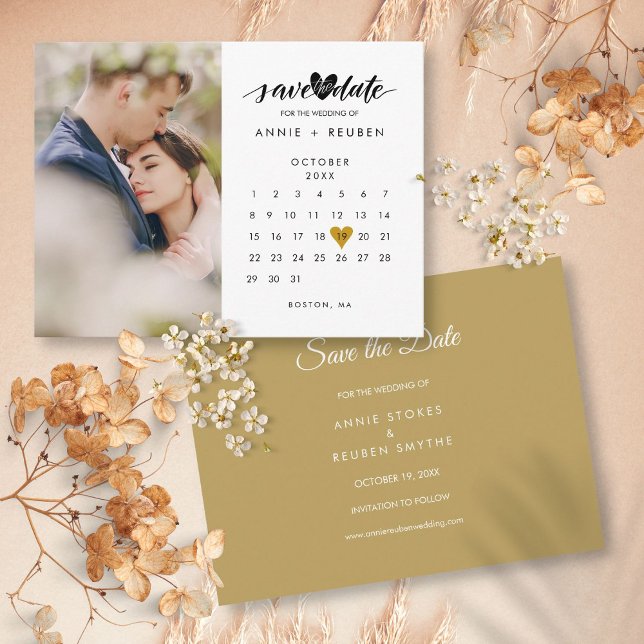 Photo Save the Date Calendar Wedding Gold Heart Postcard (Photo Save the Date Calendar Wedding Gold Heart Postcard)