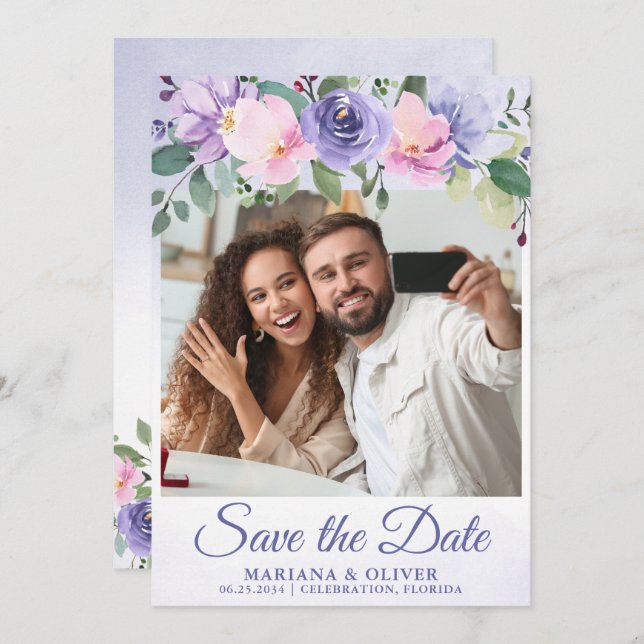 Photo Save the Date Card Modern Pink Floral (Front/Back)