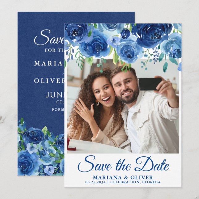 Photo Save the Date Card Navy Blue Floral (Front/Back)