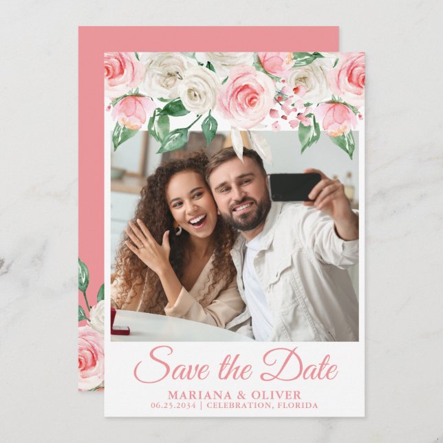 Photo Save the Date Card Peach Floral (Front/Back)