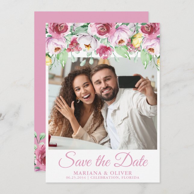 Photo Save the Date Card Pink Flowers (Front/Back)