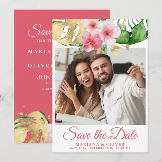 Photo Save the Date Card Tropical Palms Floral (Front/Back)