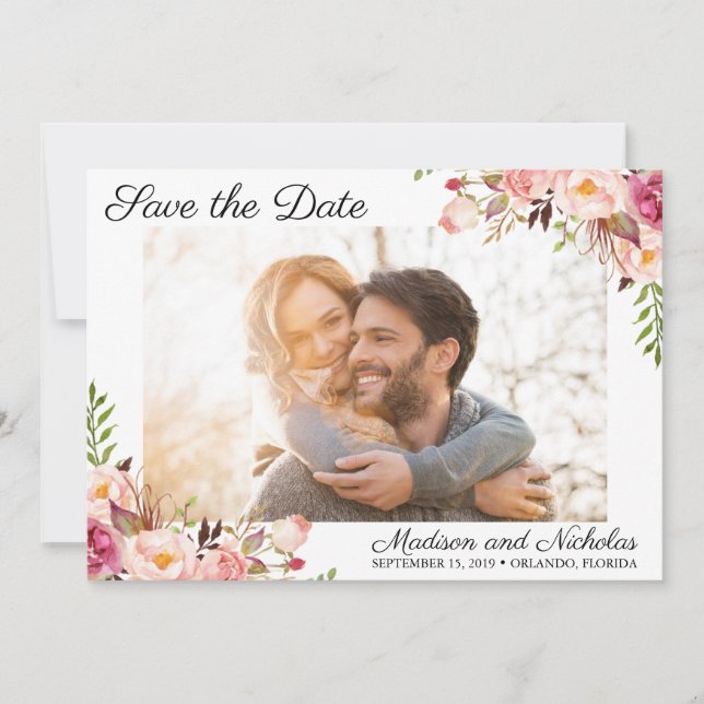 Photo Save the Date Cards with Rustic Pink Flower (Front)