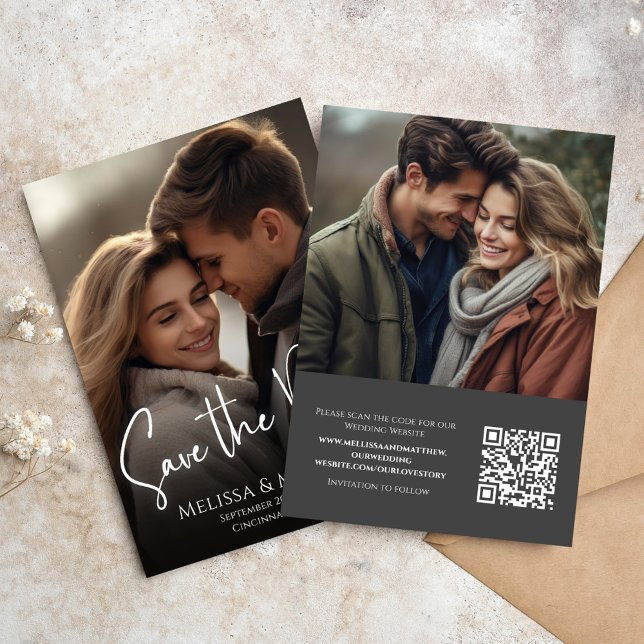 Photo Save the Date Elegant Classy Calligraphy  (Wedding save the date photo card with QR code and a two photo template. )