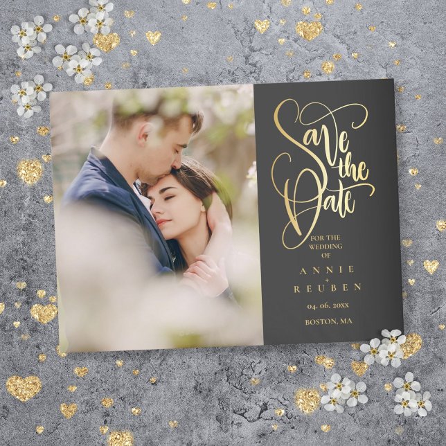 Photo Save the Date Elegant Gold Script Announcement Postcard (Photo Save the Date Elegant Gold Script Announcement Postcard)