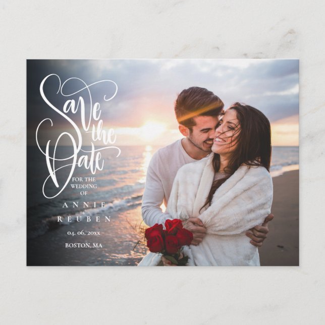 Photo Save the Date Elegant White Script Modern Announcement Postcard (Front)