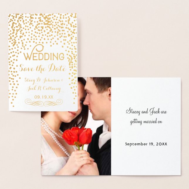 Photo Save the Date Gold Confetti Typography Foil Card (Display)