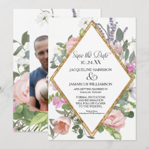 Photo Save the Date Gold Glitter Romantic Floral Invitation