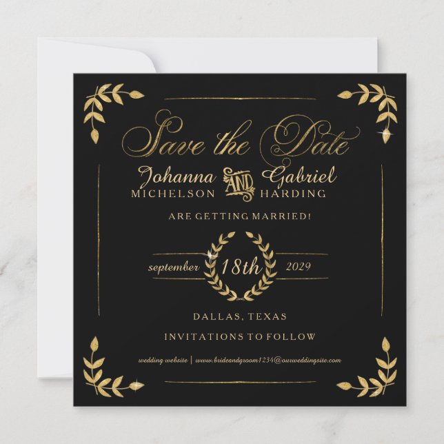 Photo Save the Date, Gold Laurel Leaf Typography Date (Front)