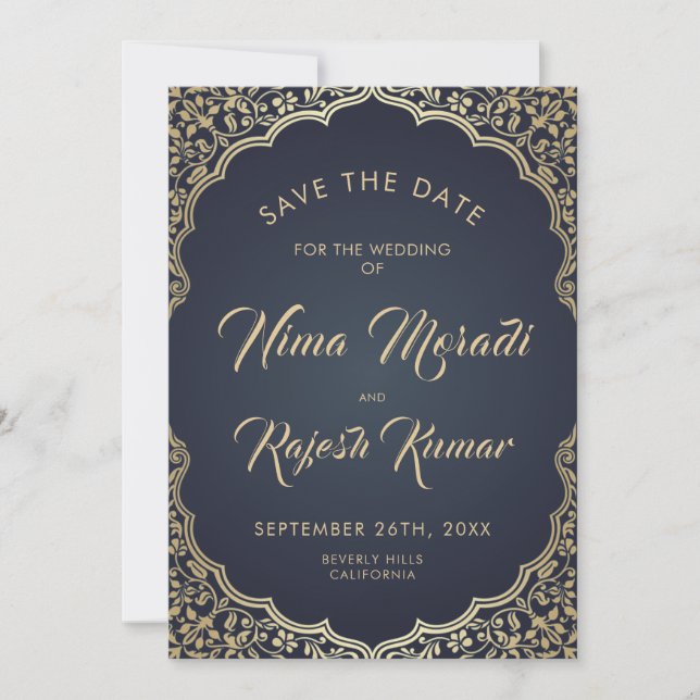 Photo Save The Date, Indian Wedding, Blue and Gold Save The Date (Front)