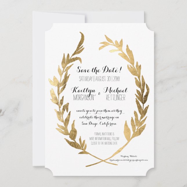 Photo Save the Date Laurel Wreath Olive Gold Leaf (Front)