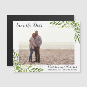 Photo Save the Date Magnets Rustic Green Leaf