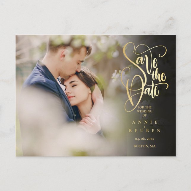 Photo Save the Date Modern Elegant Gold Script Postcard (Front)