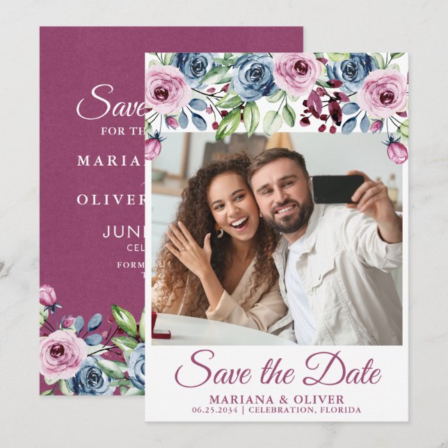 Photo Save the Date Navy Blue Burgundy Floral Invitation (Front/Back)