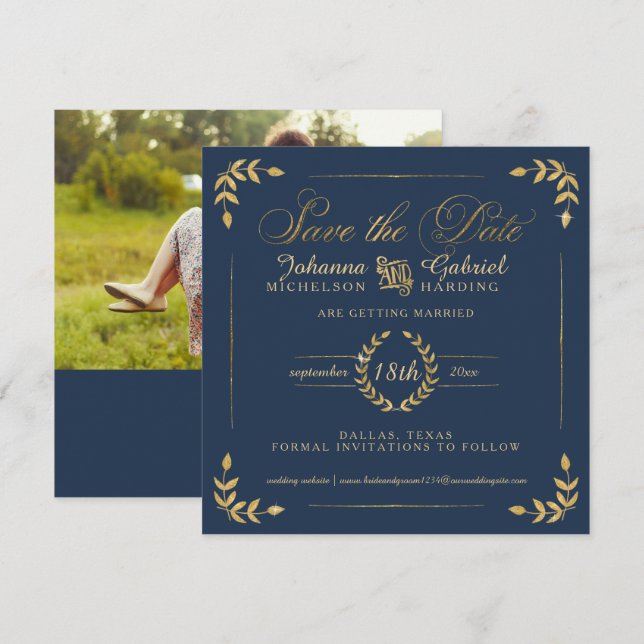 Photo Save the Date, Navy Gold Laurel Leaf Date (Front/Back)