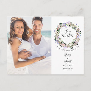 Photo Save the Date Pretty Lavender Floral Garland Announcement Postcard