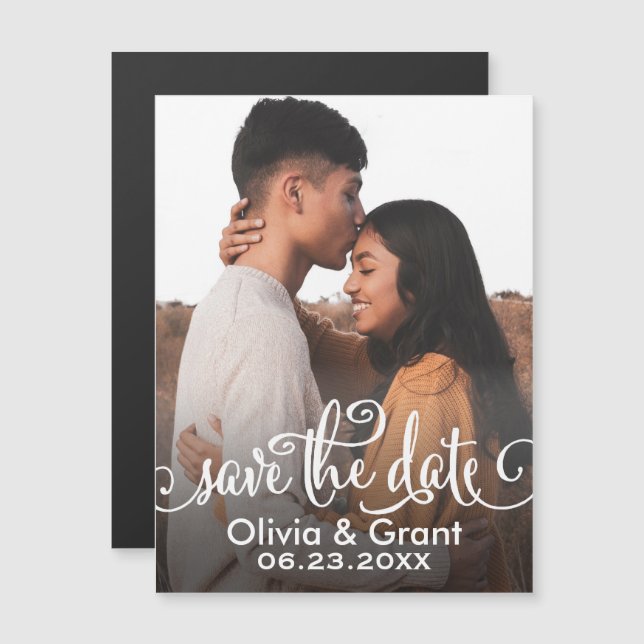 Photo Save the Date | Stylish Script Magnetic Invitation (Front/Back)