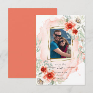 Photo Save the Date Watercolor Bold Coral Flowers Invitation