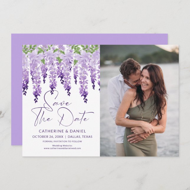 Photo Save The Date Watercolor Wisteria Wedding (Front/Back)