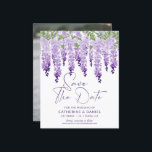 Photo Save The Date Watercolor Wisteria Wedding<br><div class="desc">Photo Save The Date Watercolor Wisteria Lilac Wedding Save The Date Invitations features elegant watercolor wisteria flowers in soft lilac, lavender and purple with green leaves on a white background with your Save The Date information below. Personalise by editing the text in the text boxes provided and adding your favourite...</div>