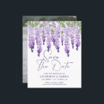 Photo Save The Date Watercolor Wisteria Wedding<br><div class="desc">Photo Save The Date Watercolor Wisteria Lilac Wedding Save The Date Invitations features elegant watercolor wisteria flowers in soft lilac, lavender and purple with green leaves on a white background with your Save The Date information below. Personalise by editing the text in the text boxes provided and adding your favourite...</div>