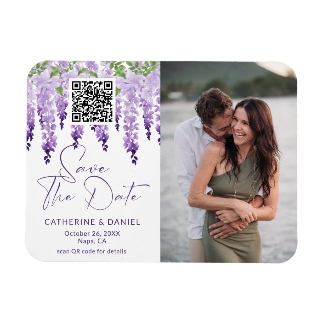 Photo Save The Date Watercolor Wisteria Wedding Magnet (Horizontal)
