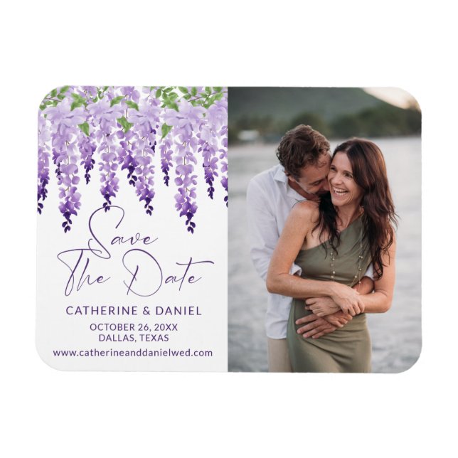 Photo Save The Date Watercolor Wisteria Wedding Magnet (Horizontal)