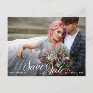 Photo Save the Date with Burgundy, Pink Flowers Announcement Postcard