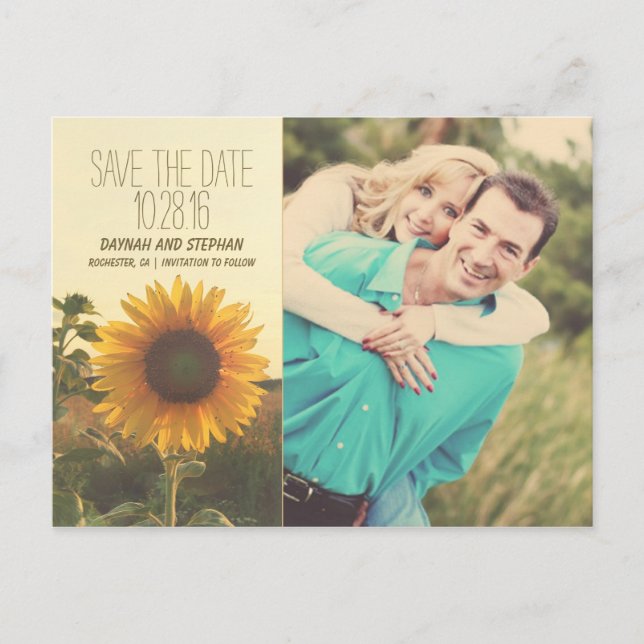 Photo save the date with sunflower announcement postcard (Front)