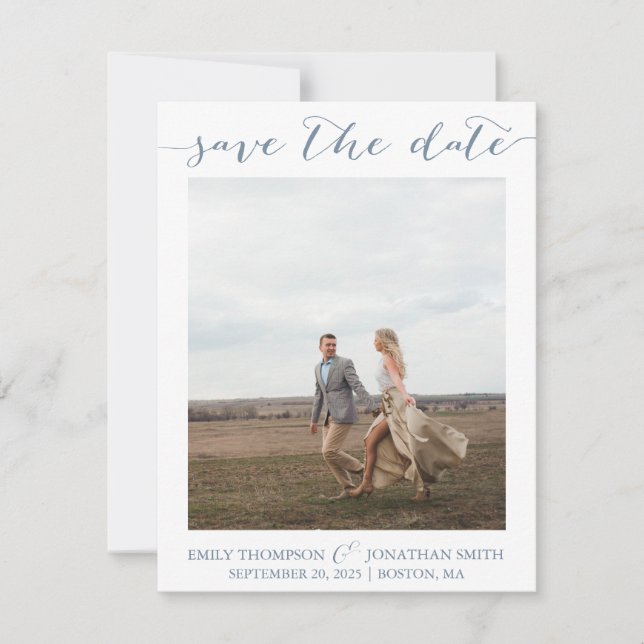 Photo Save the Dates with One Picture Dusty Blue Date (Front)