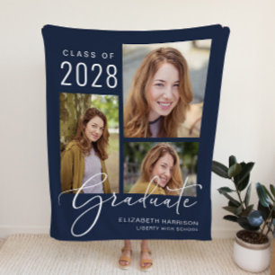 Photo Script Blue Graduation Fleece Blanket