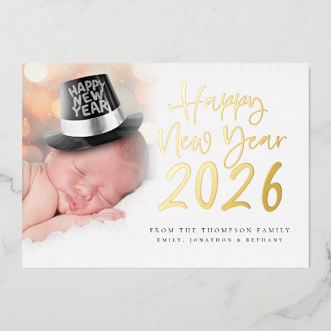 Photo Script Happy New Year 2026 Calendar Real Foil Holiday Card (Front)