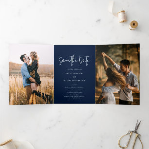 Photo Script Navy Blue Wedding Save The Date Card